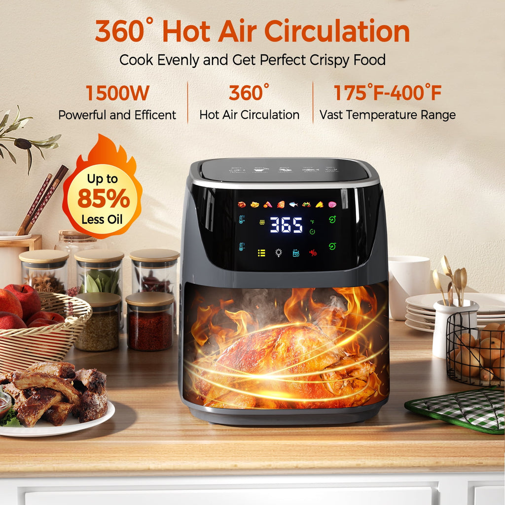 8 QT Air Fryer with 8 Food Preset, 85% Less Oil Healthy Cooker for Family Size, LED Digital Touch Screen, Roast, Reheat, Dehydrate, Bake, Steam, 360° Hot Air Heating