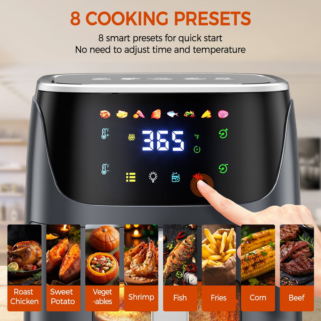 8 QT Air Fryer with 8 Food Preset, 85% Less Oil Healthy Cooker for Family Size, LED Digital Touch Screen, Roast, Reheat, Dehydrate, Bake, Steam, 360° Hot Air Heating