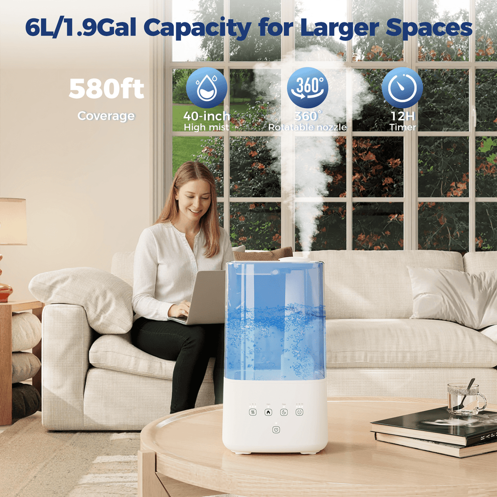 6L Warm & Cool Mist Humidifiers for Bedroom, Top Fill Air Humidifier, 7 Color Ambient Light, 28dB Quiet Operation, Automatic Shut-off Switch, 12H Timer, for Home, Office