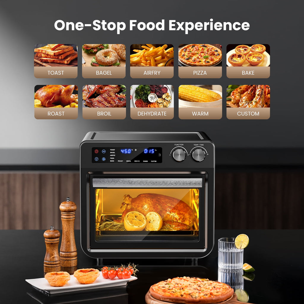 26QT Air Fryer Oven,Oil-Less Digital Touchscreen Toaster Oven with 10-in-1 Multi Function&Custom Mode, Visible Window , 1800W,Black