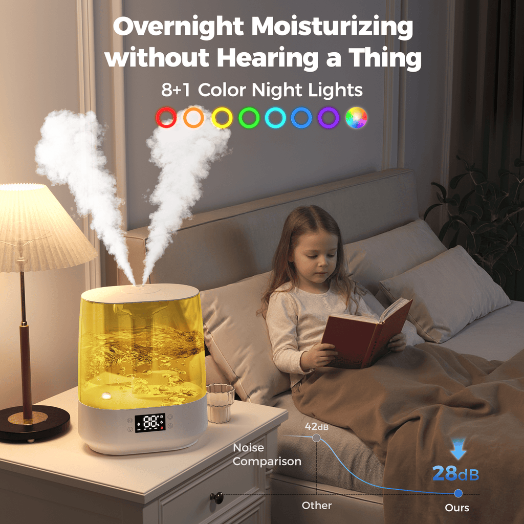 6L Humidifiers for Bedroom , Cool Mist Ultrasonic Humidifier with Humidity Sensor, Top Fill 60H & 28dB Quiet Runtime, 8+1 Color Night Lights, 360° Dual Nozzle--Blue