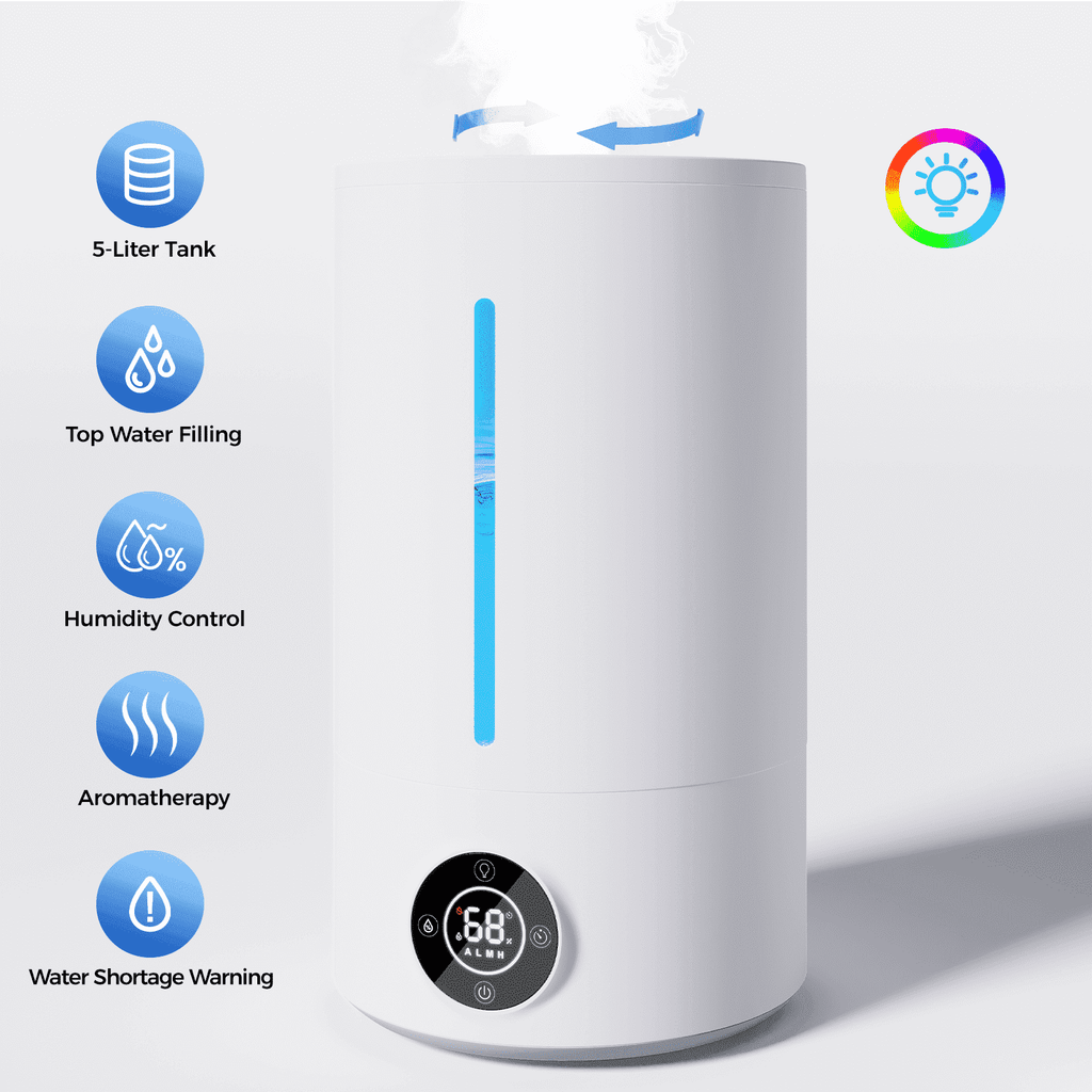 5L Cool Mist Humidifiers, Top Water Filling & 24H Timer Ultrasonic Humidifier, Custom Humidity Setting, 7+1 Color Ambient Light & Aroma Tray, 28dB Silent Humidifier for Home