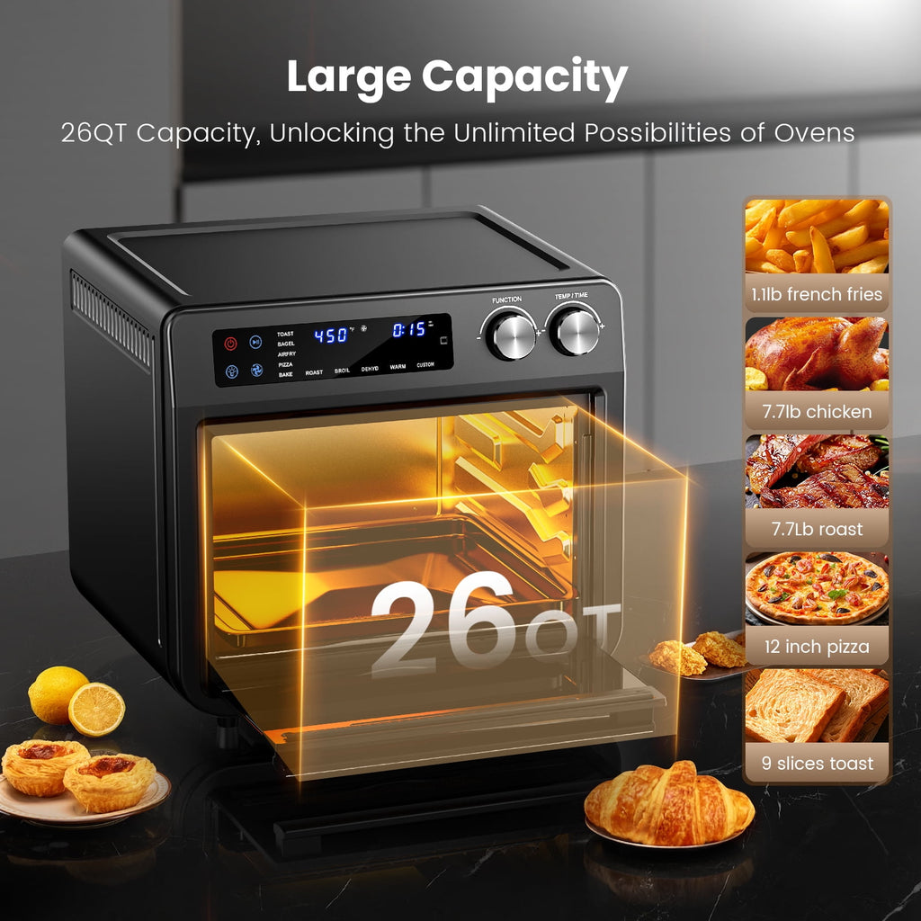 26QT Air Fryer Oven,Oil-Less Digital Touchscreen Toaster Oven with 10-in-1 Multi Function&Custom Mode, Visible Window , 1800W,Black