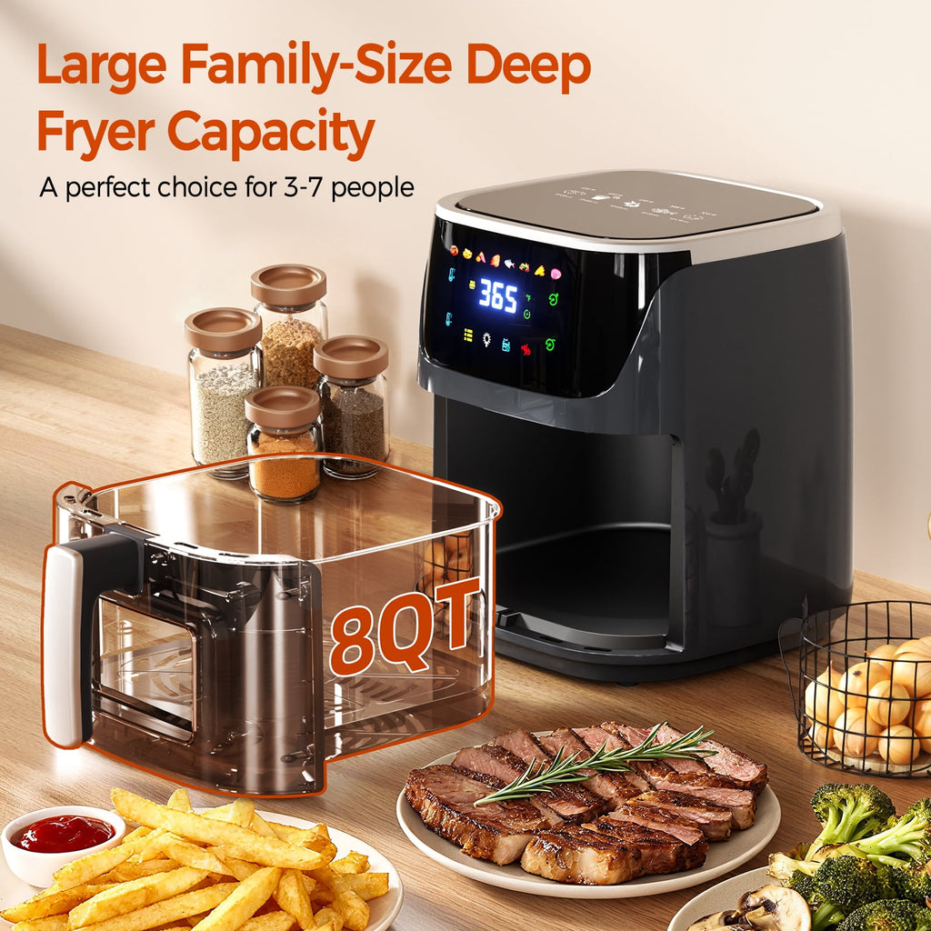8 QT Air Fryer with 8 Food Preset, 85% Less Oil Healthy Cooker for Family Size, LED Digital Touch Screen, Roast, Reheat, Dehydrate, Bake, Steam, 360° Hot Air Heating
