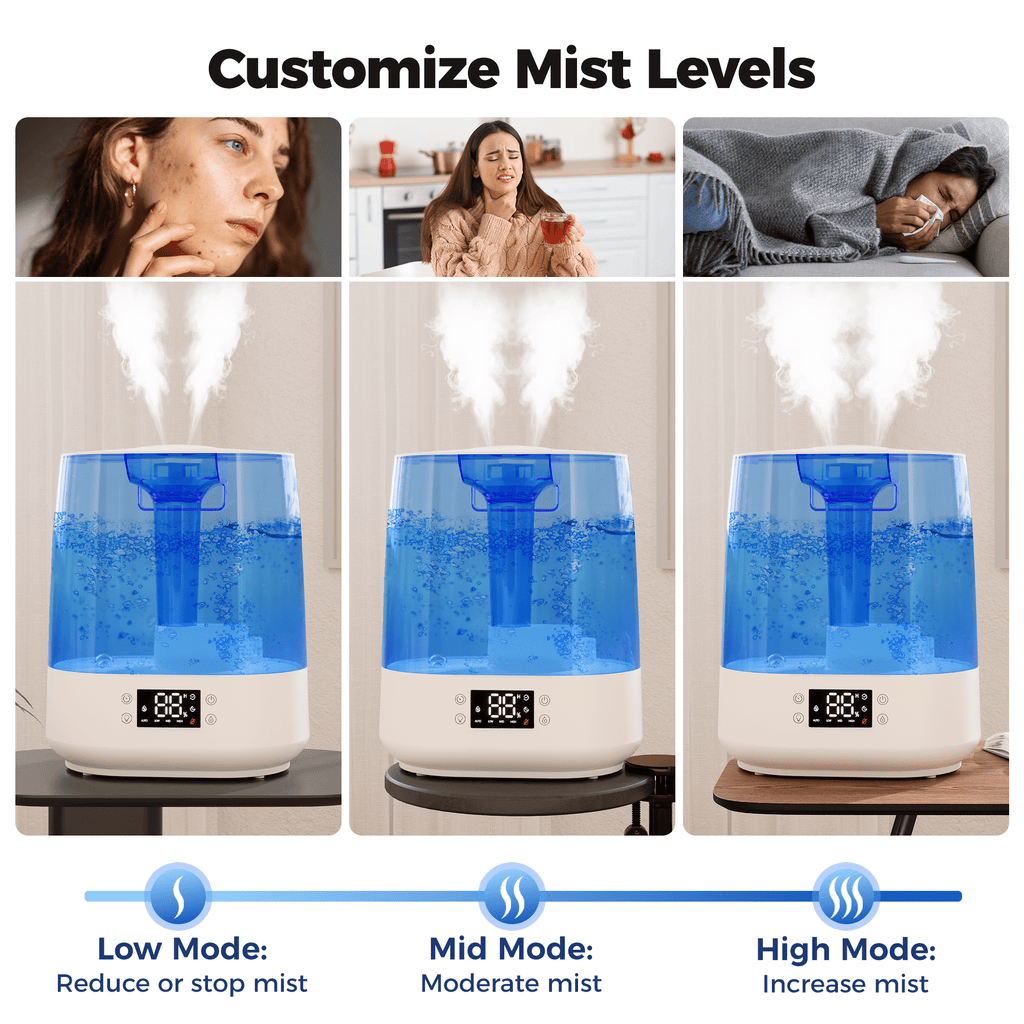 6L Humidifiers for Bedroom , Cool Mist Ultrasonic Humidifier with Humidity Sensor, Top Fill 60H & 28dB Quiet Runtime, 8+1 Color Night Lights, 360° Dual Nozzle--Blue