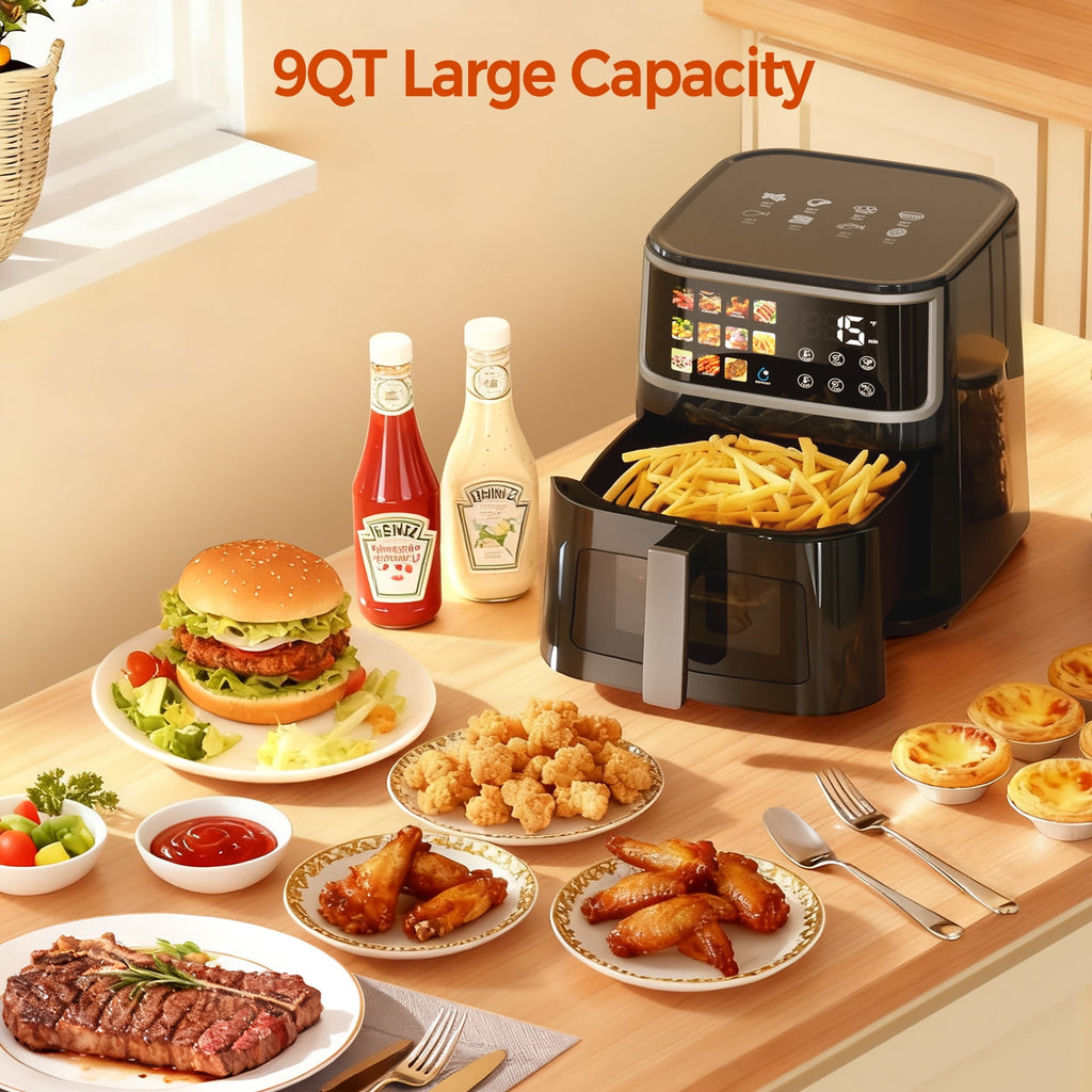 9QT Digital Window Air Fryer, with 8 One-Touch Functions, Black