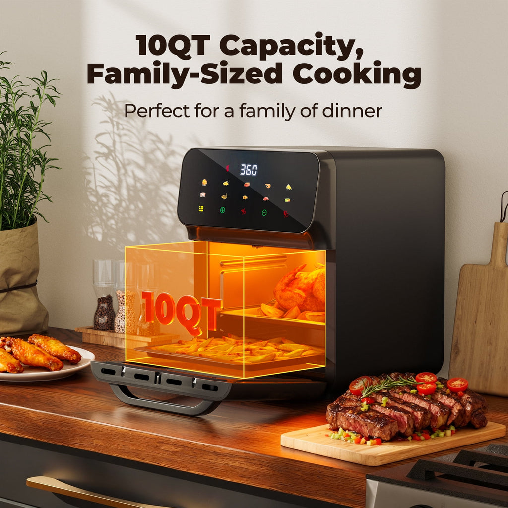 10QT Air Fryer,8-in-1 Multi-Function Kitchen Appliance,400 ℉ Max,Visible Window and Digital Screen,80% Oil-Less,Black
