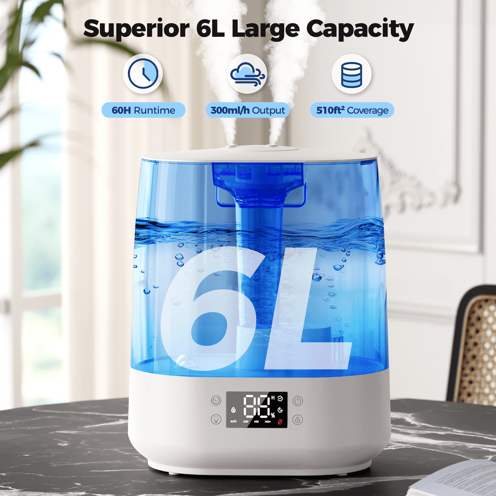 6L Humidifiers for Bedroom , Cool Mist Ultrasonic Humidifier with Humidity Sensor, Top Fill 60H & 28dB Quiet Runtime, 8+1 Color Night Lights, 360° Dual Nozzle--Blue